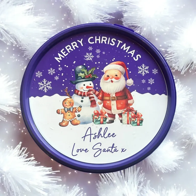 Personalised Santa, Snowman & Gingerbread – Chocolate Tub printed label