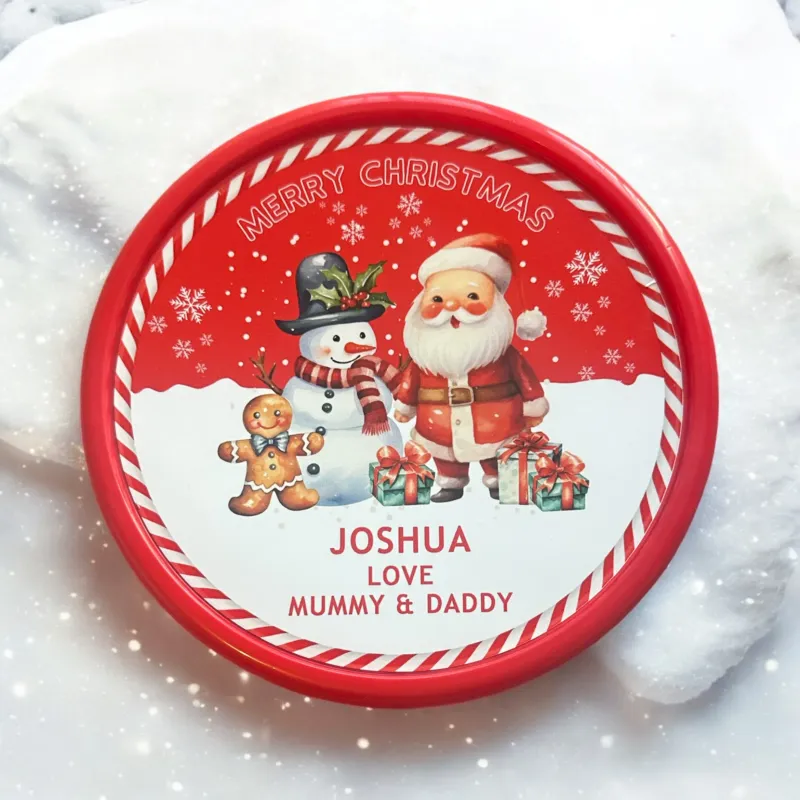 Personalised Santa, Snowman & Gingerbread – Chocolate Tub printed label - Red