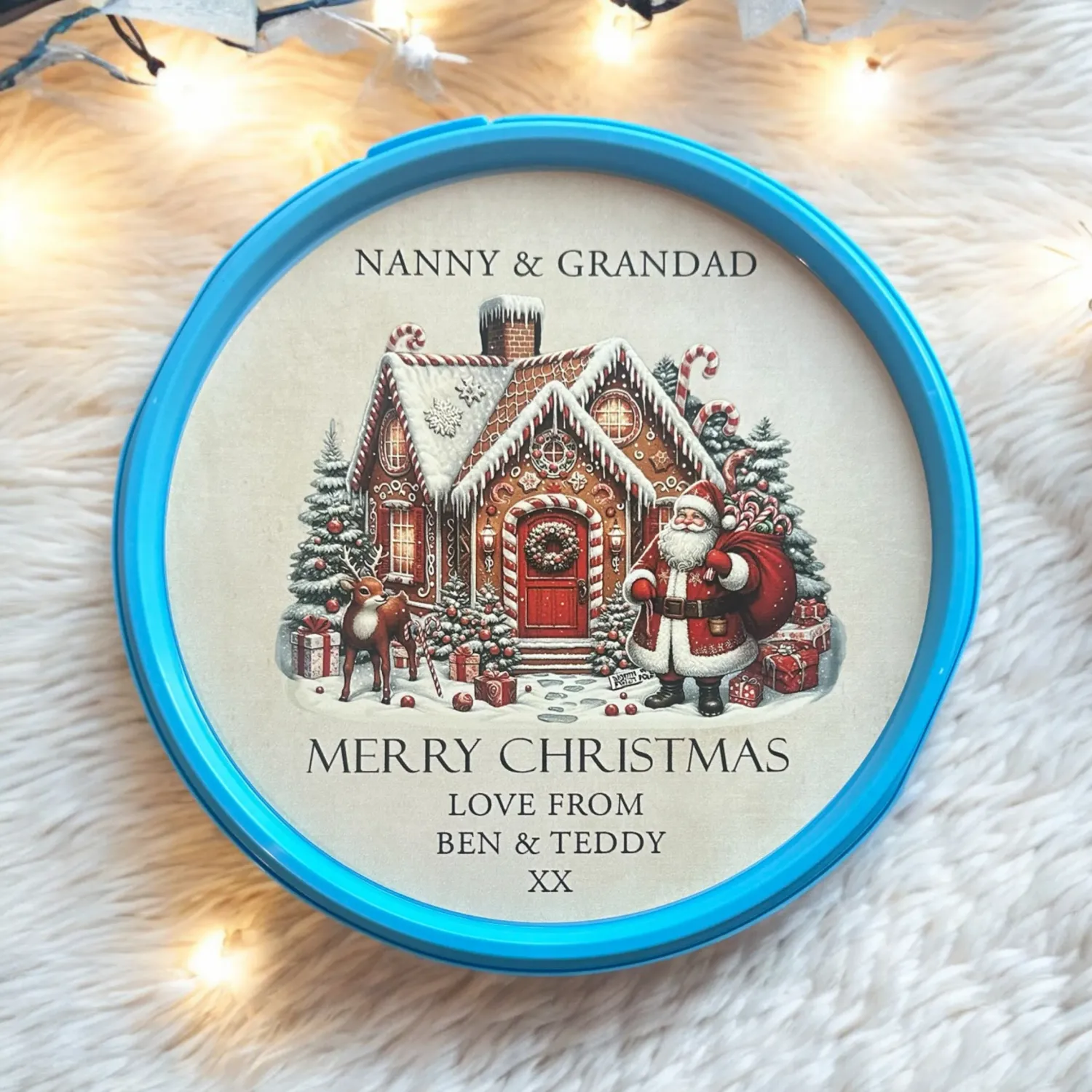 Personalised Christmas Gingerbread House With Santa- Chocolate Tub sweet tub sticker Personalised Christmas Gingerbread House With Santa- Chocolate Tub sweet tub sticker