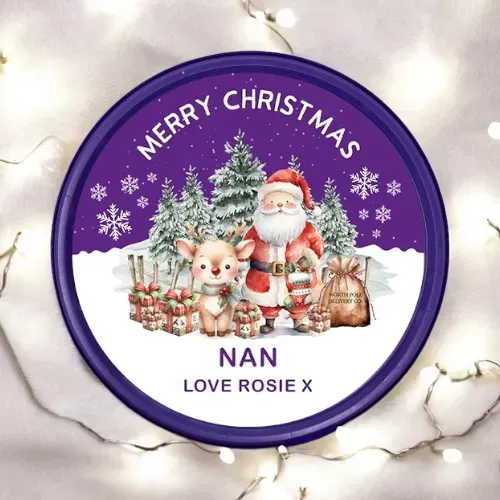 Personalised – Chocolate Tub Santa & Reindeer sweet tub sticker Personalised – Chocolate Tub Santa & Reindeer sweet tub sticker