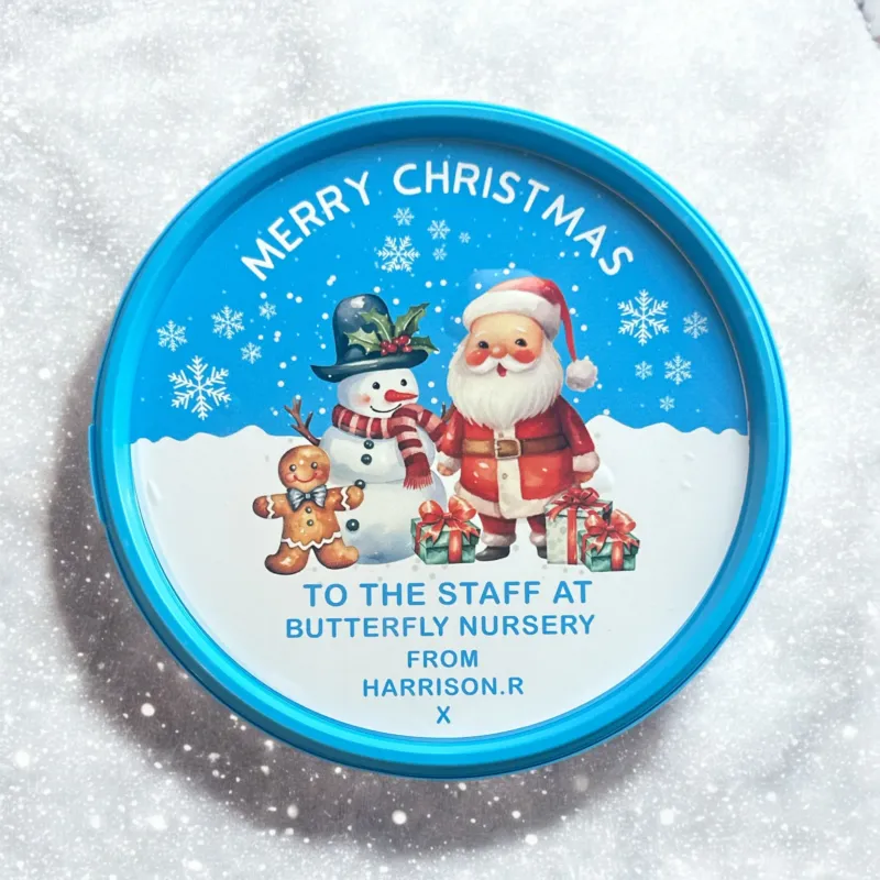 Personalised Santa, Snowman & Gingerbread – Chocolate Tub printed label - Blue