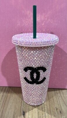 Fully Blinged Custom 24fl oz Reusable Cold Cup Tumbler With Straw and Lid