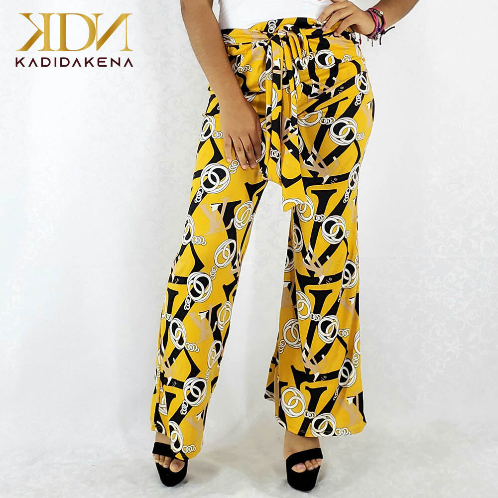Pantalón casual acampanado, estampado inspo ajuste con cinta a la cintura, Color: Amarillo