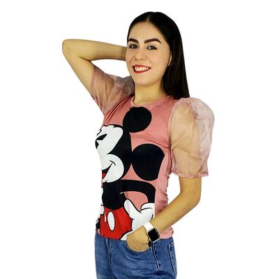Blusa manga corta tipo farol de organza, blusa estampada con dibujos animados y cuello redondo