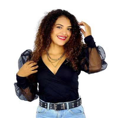 Pantyblusa de manga larga tipo farol y cuello pico profundo