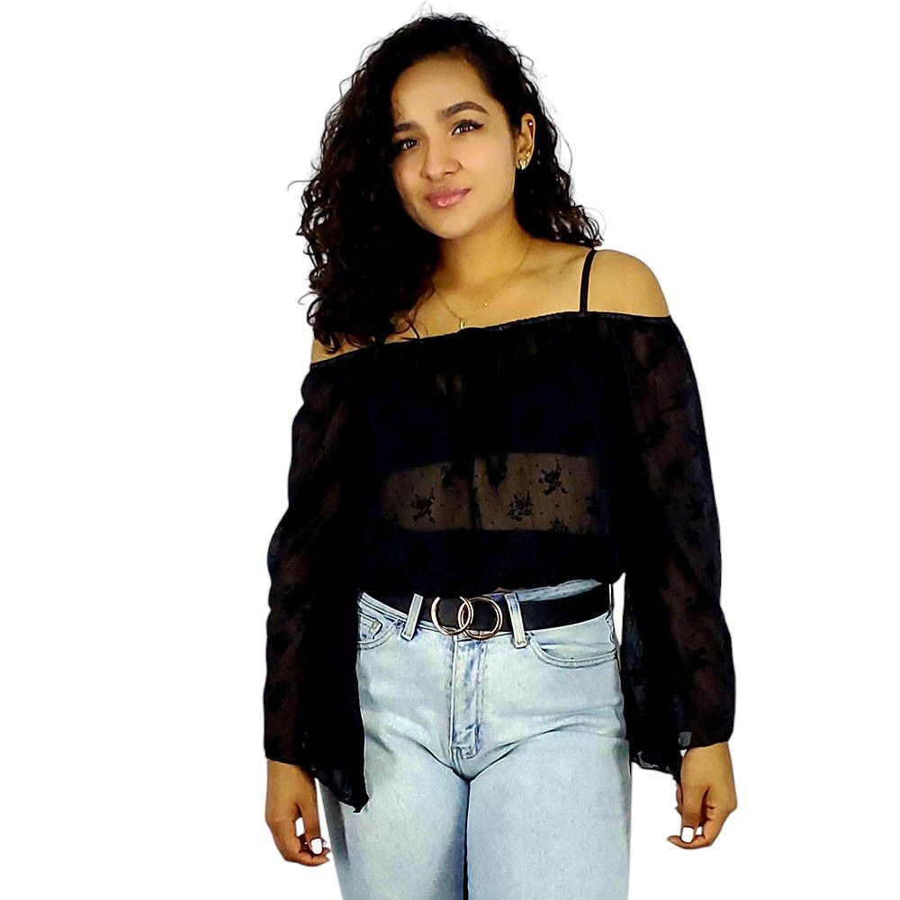 Blusa manga larga, blusa trasparente de hombros descubiertos