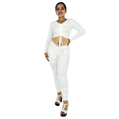 Conjunto de blusa zurcida de manga larga y leggins tipo resorte con cintura en V
