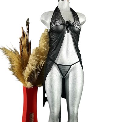 Babydoll largo, negligé de encaje, incluye tanga, bata larga de lencería