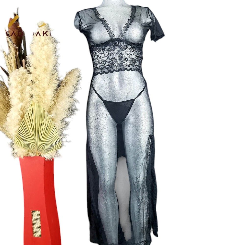 Babydoll largo, negligé de encaje, incluye tanga, bata larga de lencería