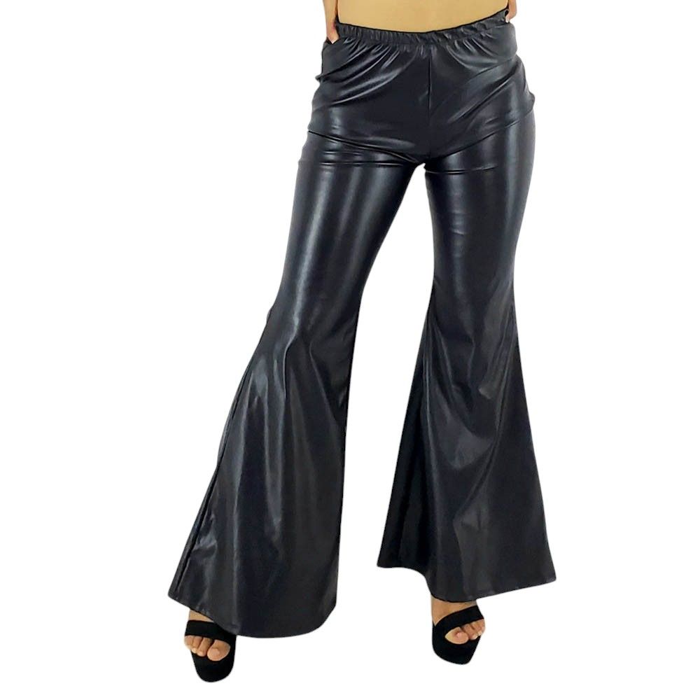 Pantalón de vinil casual acampanado para dama, ajuste elástico en la cintura