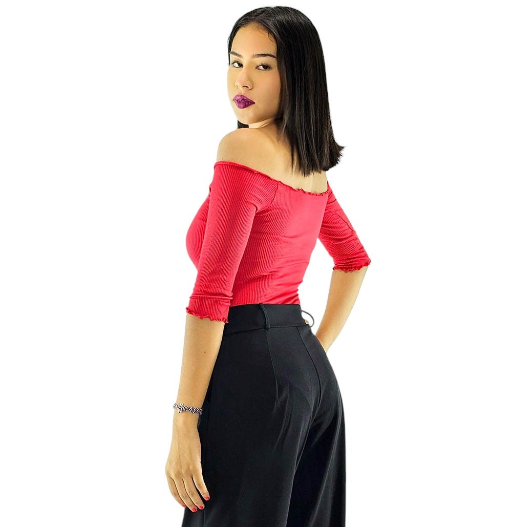Panty blusa, cremallera al frente, hombros descubiertos, manga 3/4, color: Rojo