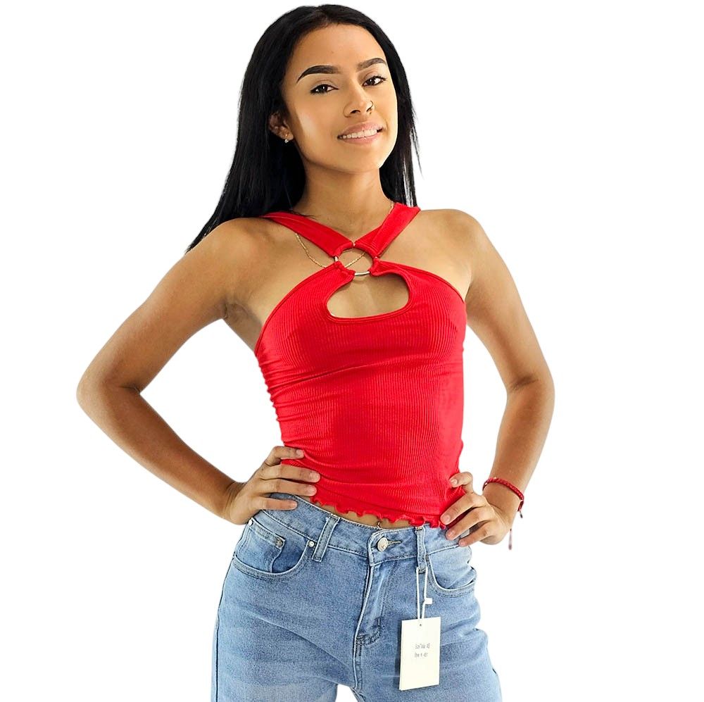 Blusa de tirantes, cruzada, con escote, color: Rojo