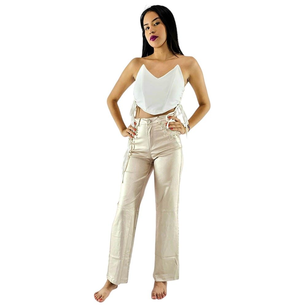 Pantalón casual recto, con cadenita de adorno en los bolsillos, Color: Perla