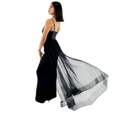 Vestido largo con tela mesh con abertura al frente, escote corazón