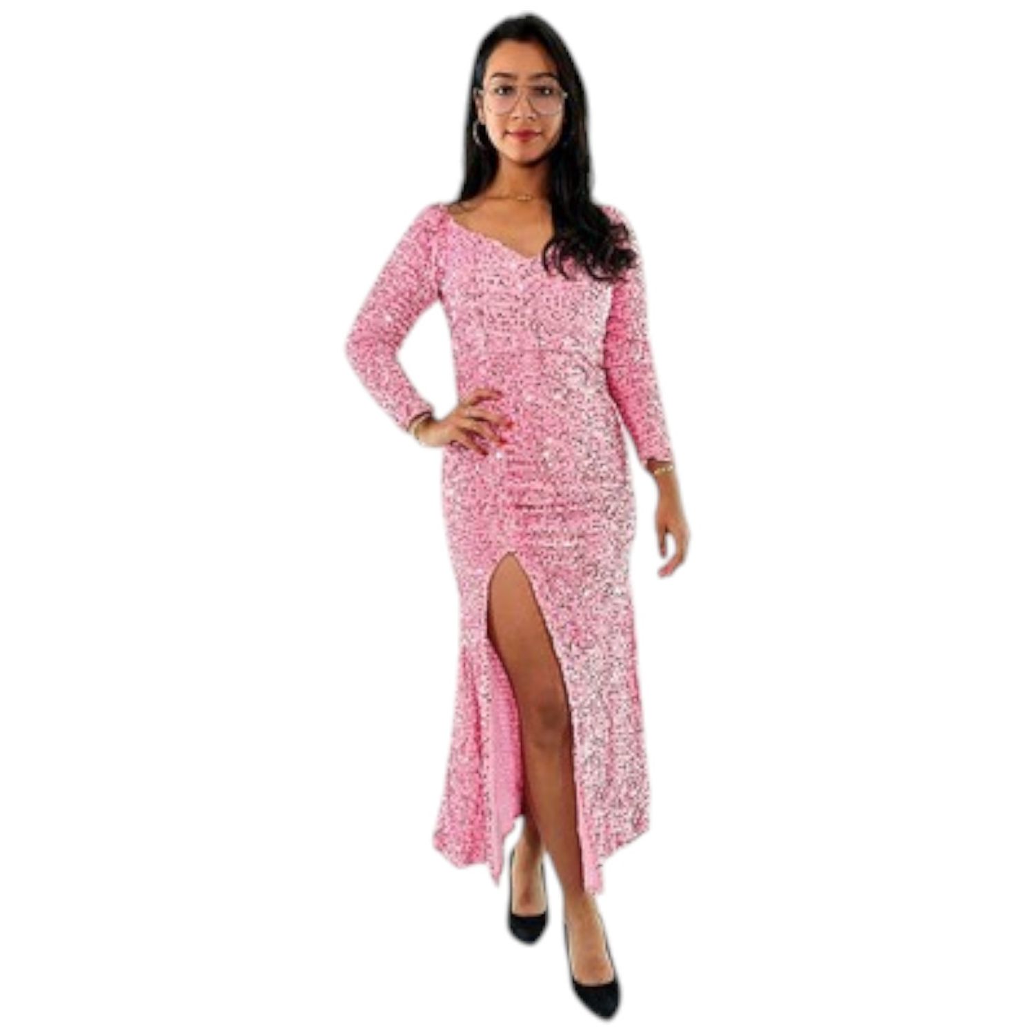 Vestido largo de lentejuelas, escote corazón, manga larga abertura en pierna derecha, Color: Rosa, Talla: Unitalla Ch-M