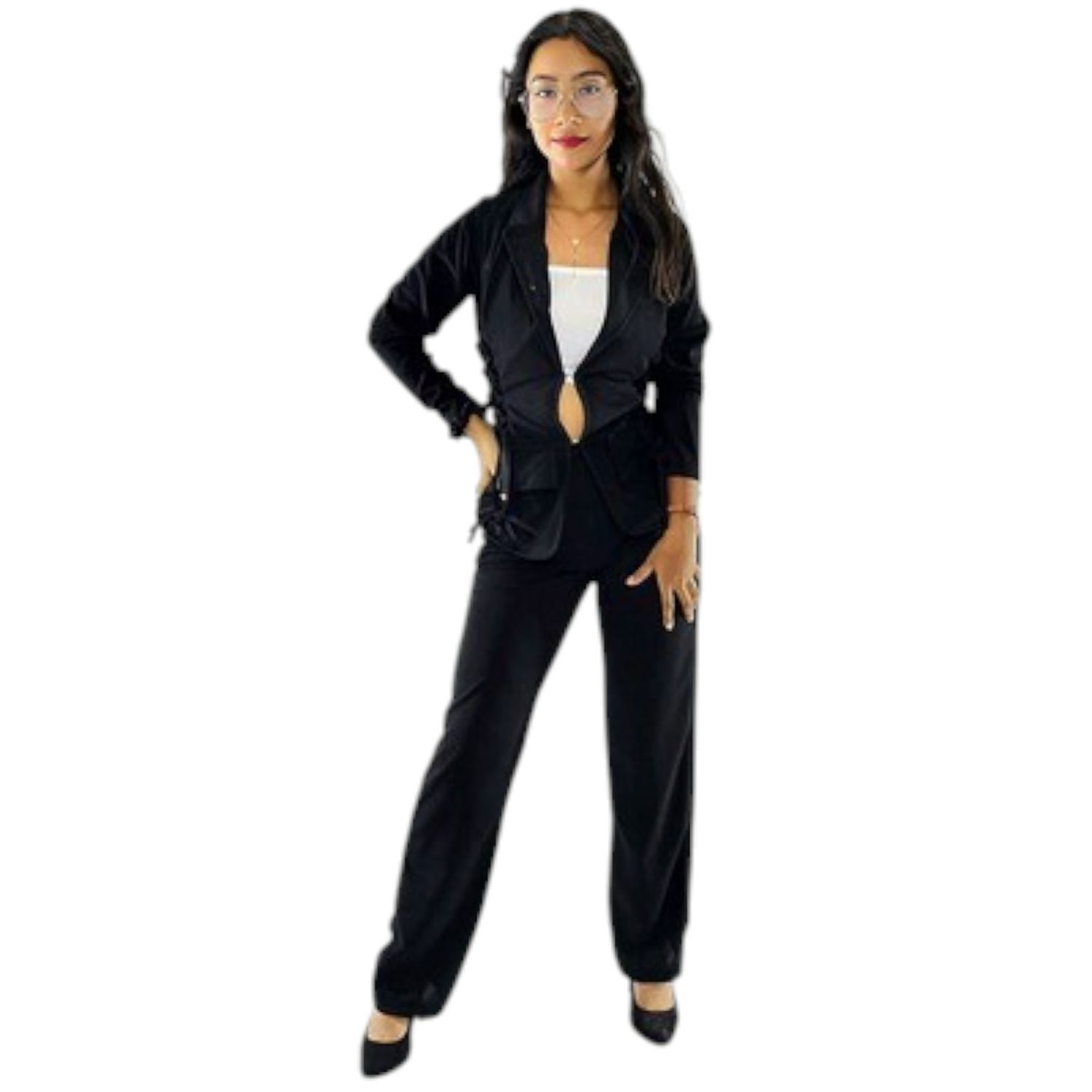 Conjunto de saco y pantalón, saco manga larga, bolsas simuladas., Color: Negro