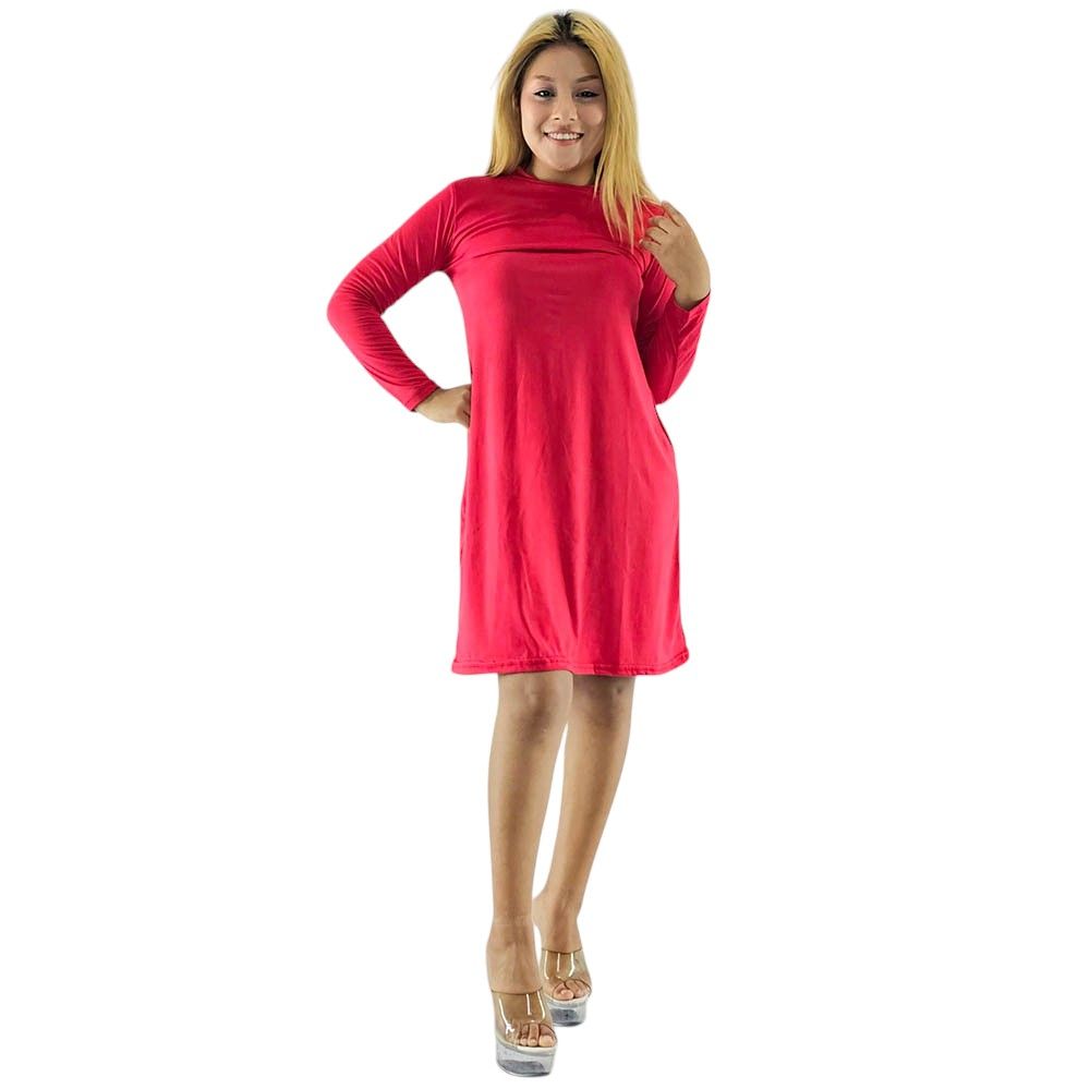 Vestido corte imperio, manga larga, cuello redondo.