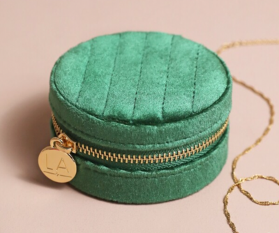 Quilted Velvet Mini Round Travel Jewellery Case in Green