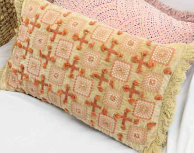 GOLDEN RUSSET EMBROIDERED TASSEL RECTANGLE CUSHION