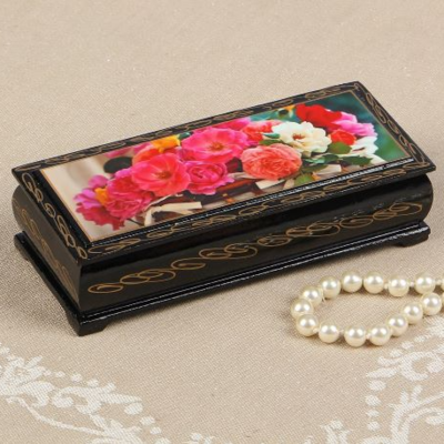 Шкатулка «Цветы в корзинке», 14*6 см, лаковая миниатюра