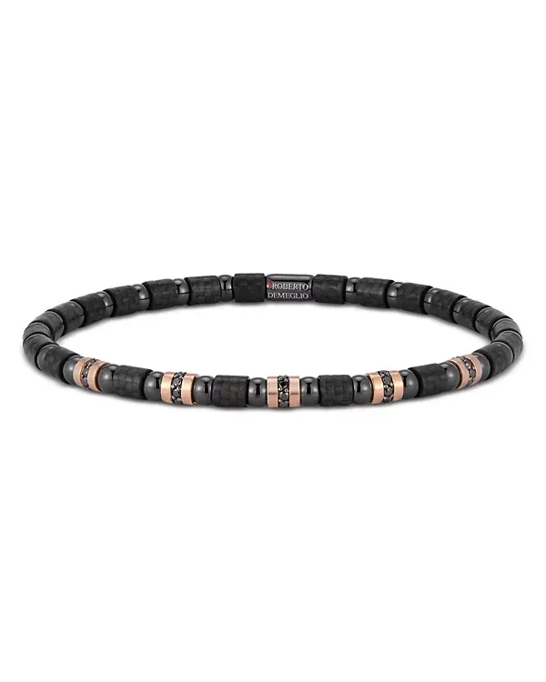 Demeglio Men's Black Diamond Stretch Bracelet in 18K Rose Gold & Black Ceramic Carbon