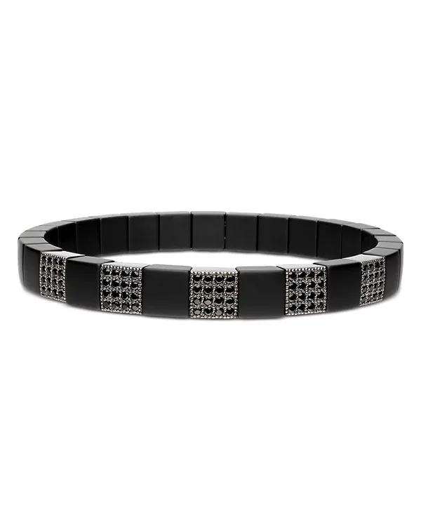 Demeglio Men's Scacco Black Diamond Pavé & 18K White Gold Panel Stretch Bracelet