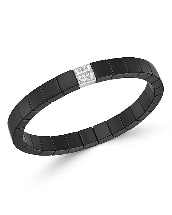 Demeglio 18K White Gold & Black Ceramic Scacco Diamond Stretch Bracelet