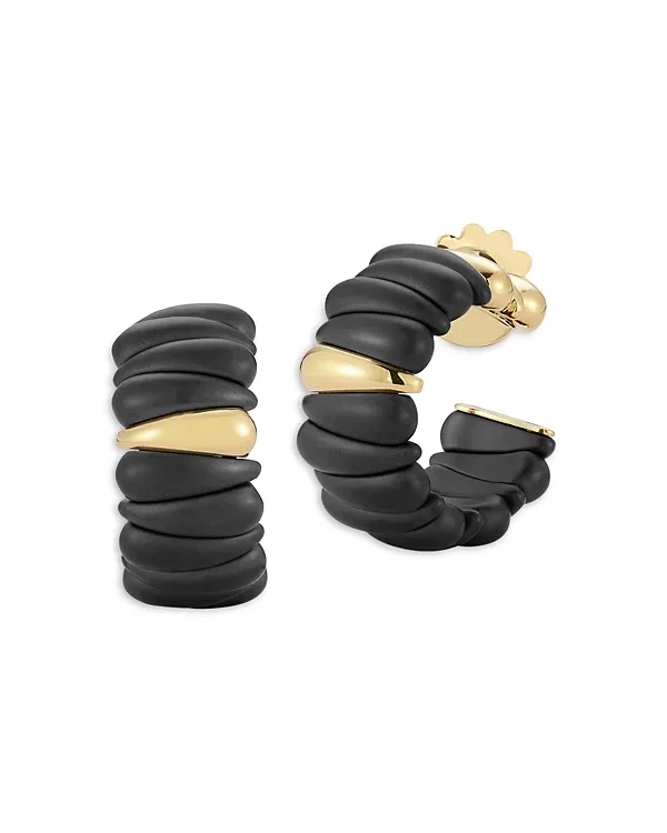 Demeglio 18K Yellow Gold Demeglio Black Ceramic Sectioned Hoop Earrings