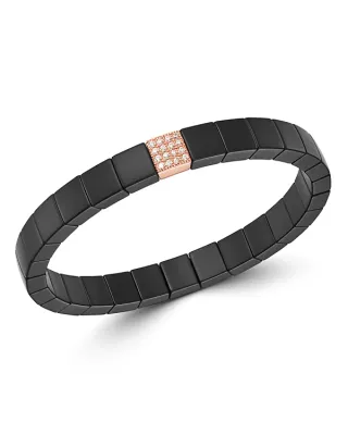 Roberto Demeglio 18K Rose Gold & Black Ceramic Scacco Champagne Diamond Stretch Bracelet