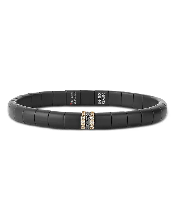 Demeglio 18K White & Rose Gold Champagne & Black Diamond Black Ceramic Stretch Bracelet