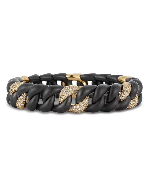 Roberto Demeglio 18K Yellow Gold Diamond Pavé & Black Ceramic Groumette Link Stretch Bracelet