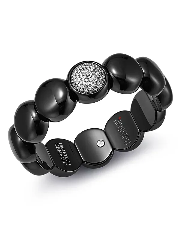 Demeglio 18K White Gold & Black Ceramic Dama Stretch Bracelet with Diamonds