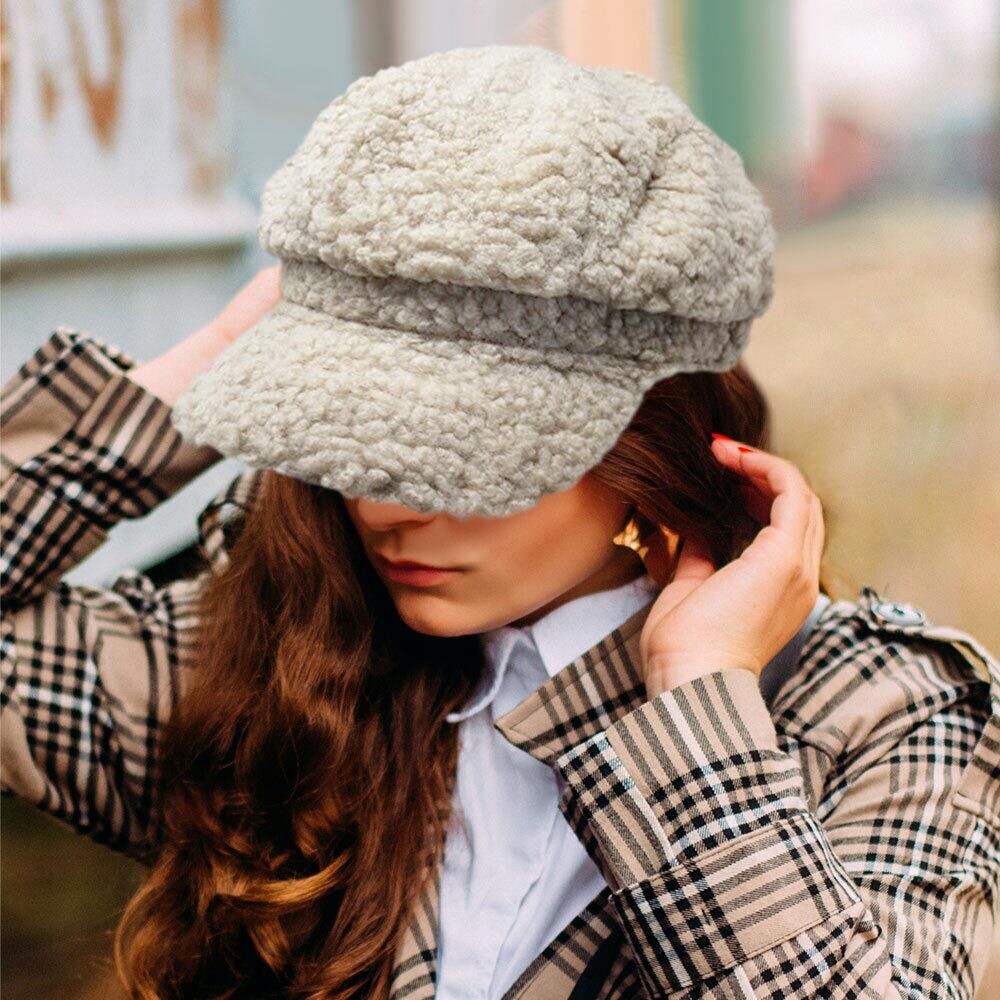 Beige teddy newsboy cap