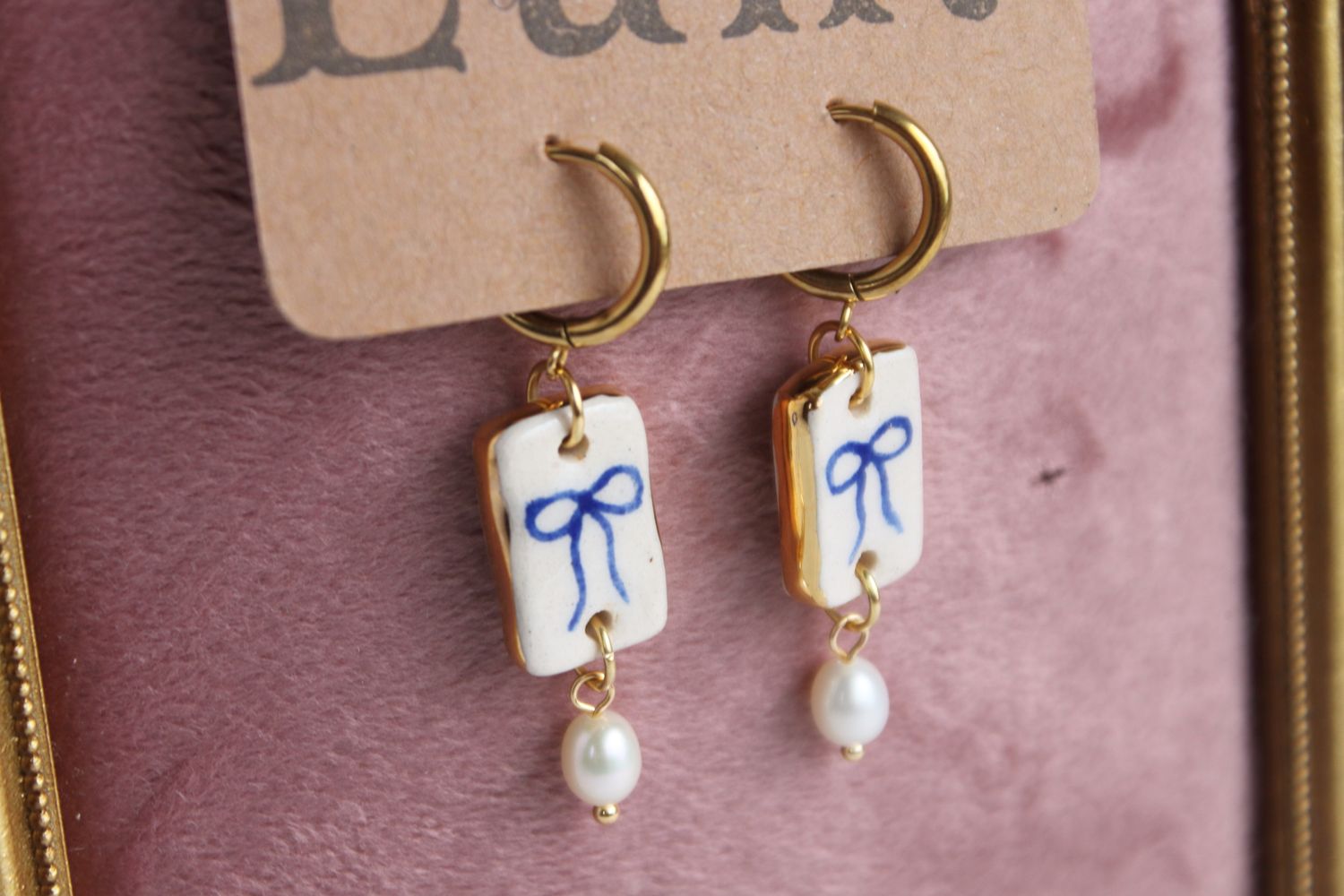 Blue Bow Pearl Earrings
