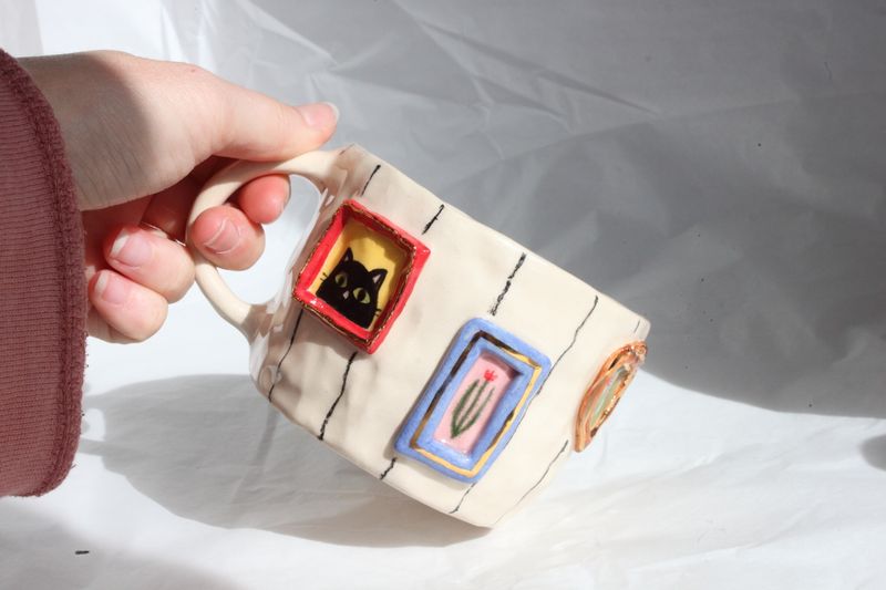 Gallery Mug - Cat, tulip, mushrooms, meadows, stary night