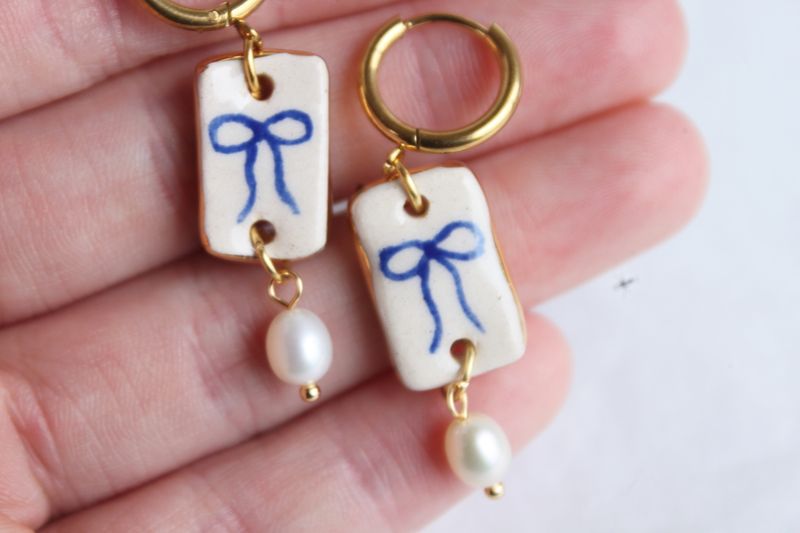 Blue Bow Pearl Earrings
