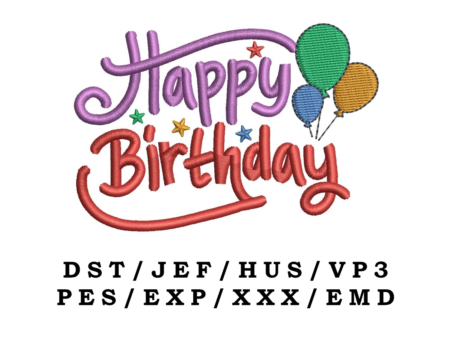Happy Birthday text with balloons and stars embroidery design