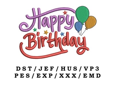 Happy Birthday text with balloons and stars embroidery design