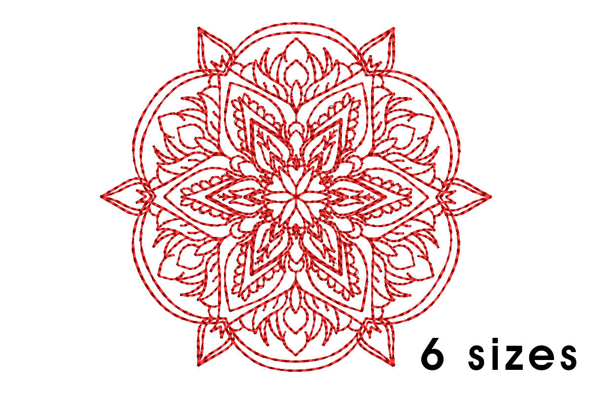 Mandala pattern embroidery design - redwork embroidery, intricate, geometric, centered, vibrant balanced, transformative, repeated pattern