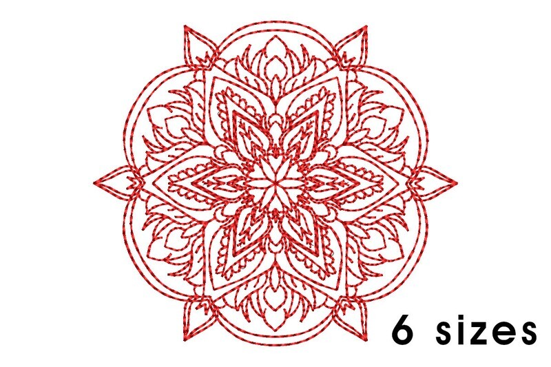 Mandala pattern embroidery design - redwork embroidery, intricate, geometric, centered, vibrant balanced, transformative, repeated pattern
