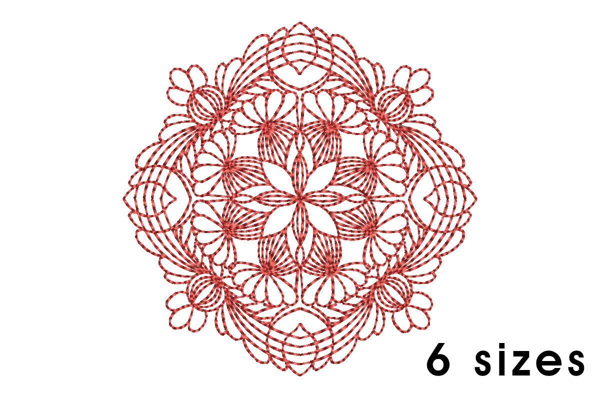 Mandala pattern embroidery design - redwork embroidery, intricate, geometric, centered, vibrant balanced, transformative, repeated pattern