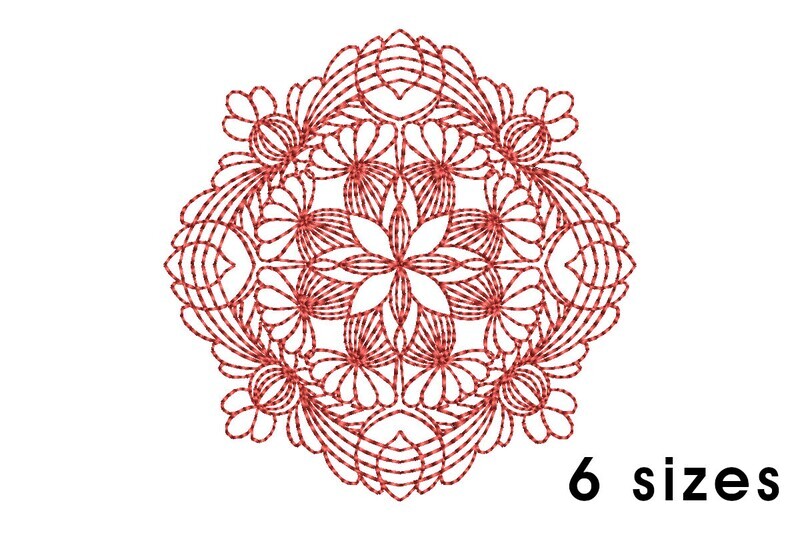 Mandala pattern embroidery design - redwork embroidery, intricate, geometric, centered, vibrant balanced, transformative, repeated pattern