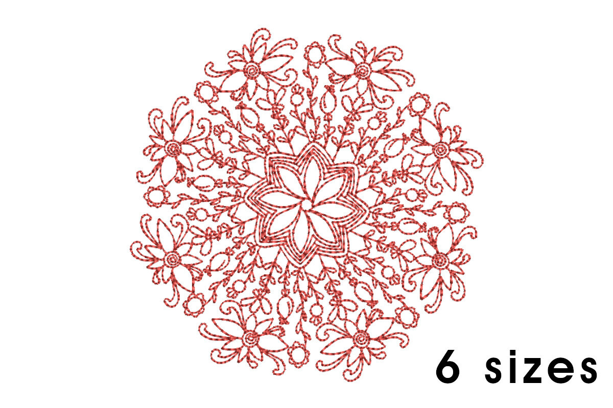 Mandala pattern embroidery design - redwork embroidery, intricate, geometric, centered, vibrant balanced, transformative, repeated pattern