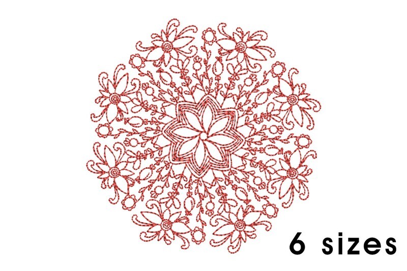 Mandala pattern embroidery design - redwork embroidery, intricate, geometric, centered, vibrant balanced, transformative, repeated pattern