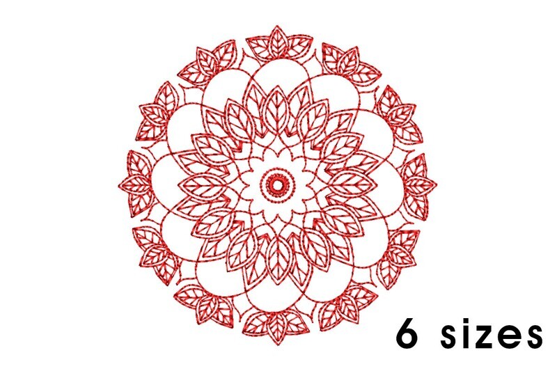 Mandala pattern embroidery design - redwork embroidery, intricate, geometric, centered, vibrant balanced, transformative, repeated pattern