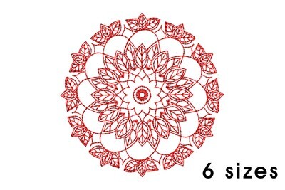 Mandala pattern embroidery design - redwork embroidery, intricate, geometric, centered, vibrant balanced, transformative, repeated pattern