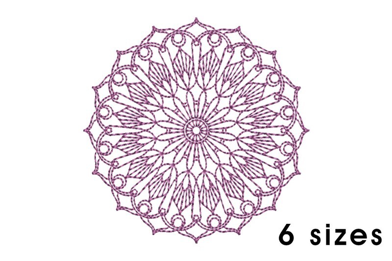 Mandala pattern embroidery design - redwork embroidery, intricate, geometric, centered, vibrant balanced, transformative, repeated pattern