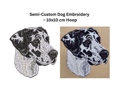 Great Dane dog embroidery design, featuring a harlequin coat pattern, specified for a 10x10 cm or 4…