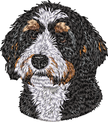 Bernedoodle dog breed machine embroidery design, professional photorealistic pet portrait in PES, DST, JEF formats.