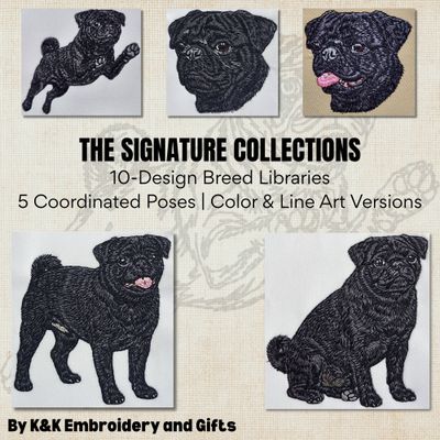 K&amp;K Embroidery Signature Collections: 10-design breed libraries featuring 5 coordinated dog poses in color and line art.